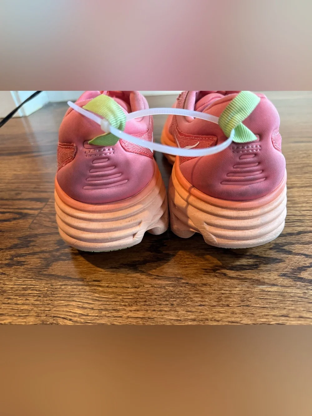 Hoka Women's Coral Pink Bondi 8 Athletic Running Shoes with Mint Accents 10B